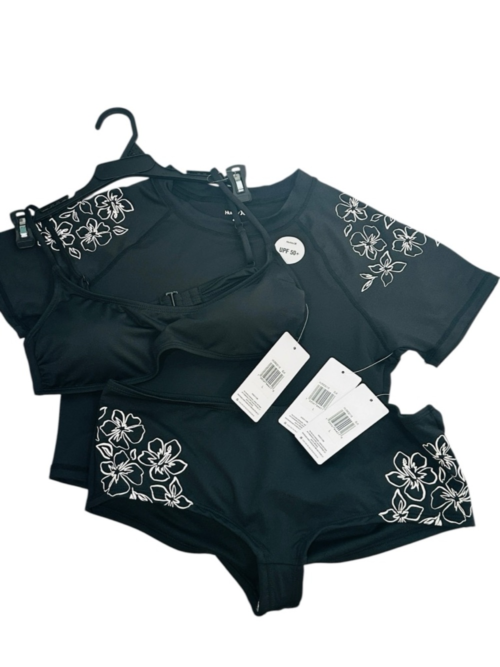 Hurley Black White Hibiscus Flower 3 Piece Crop Bikini Swim Surf Shirt Suit Set